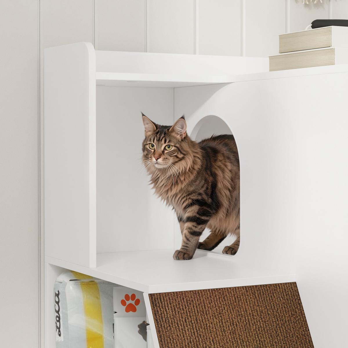 KATZENSCHRANK mit Streukastenverkleidung und Kratzbrett HAT02-L-E-W - Ahornfarben/Weiß, Holzwerkstoff/Fell (60/80/98cm) - SoBuy