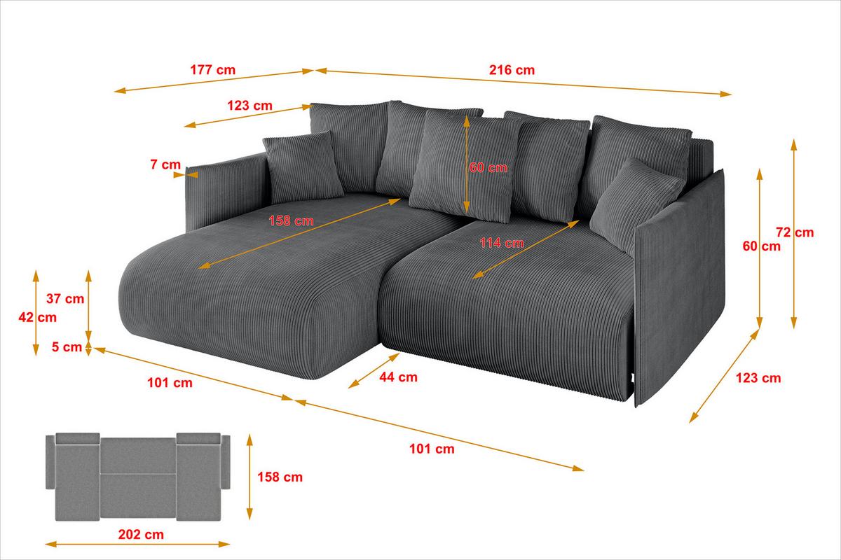ECKSOFA Ottomane links ONESK-L 216x177x72 Dunkelgrau Cord - Dunkelgrau, Holzwerkstoff/Kunststoff (216/177cm) - ALTDECOR