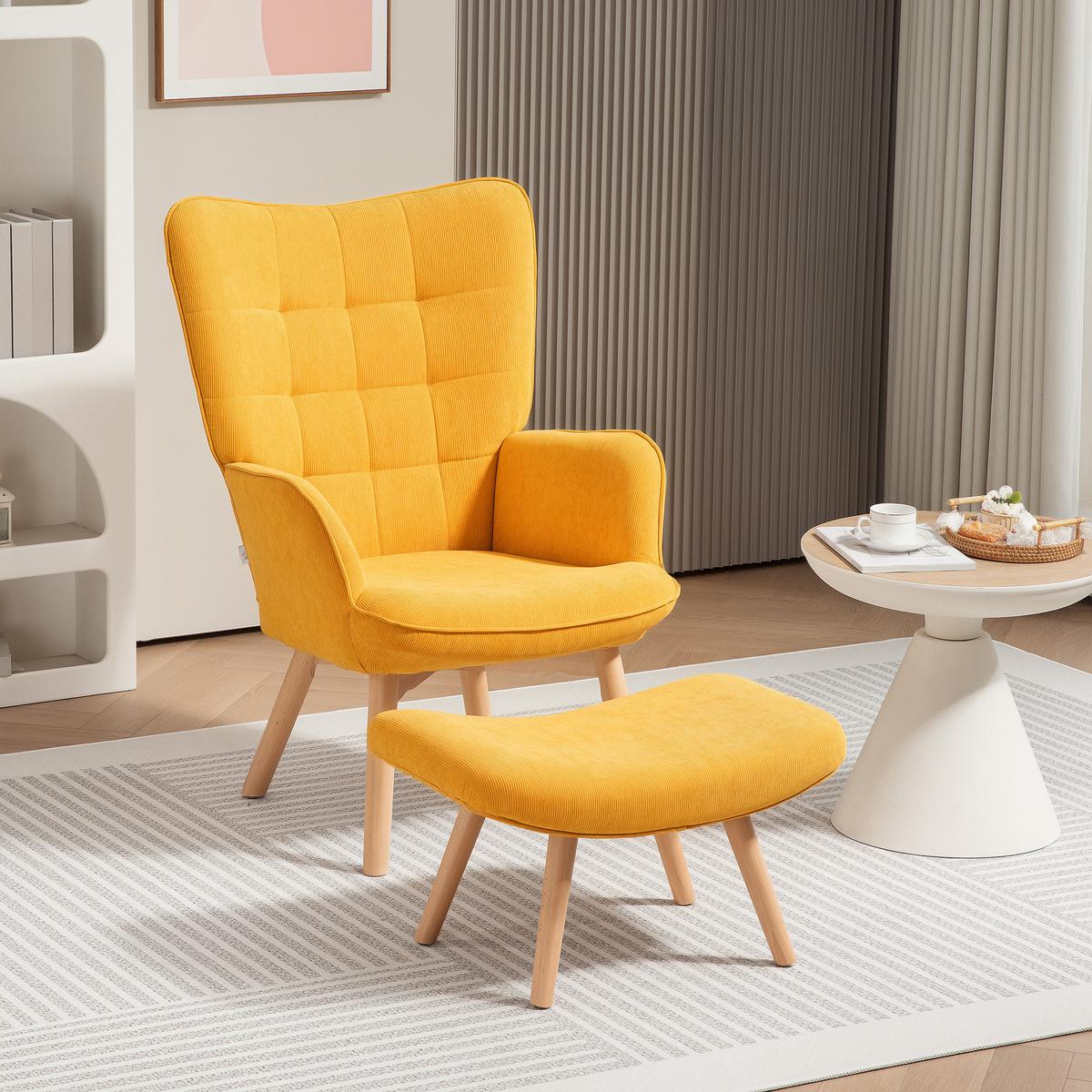 OHRENSESSEL mit Hocker, Relaxsessel, Polstersessel in Kordoptik, Loungesessel - Buchefarben/Orange, Holz/Buchenholz (80/101/72cm) - HOMCOM