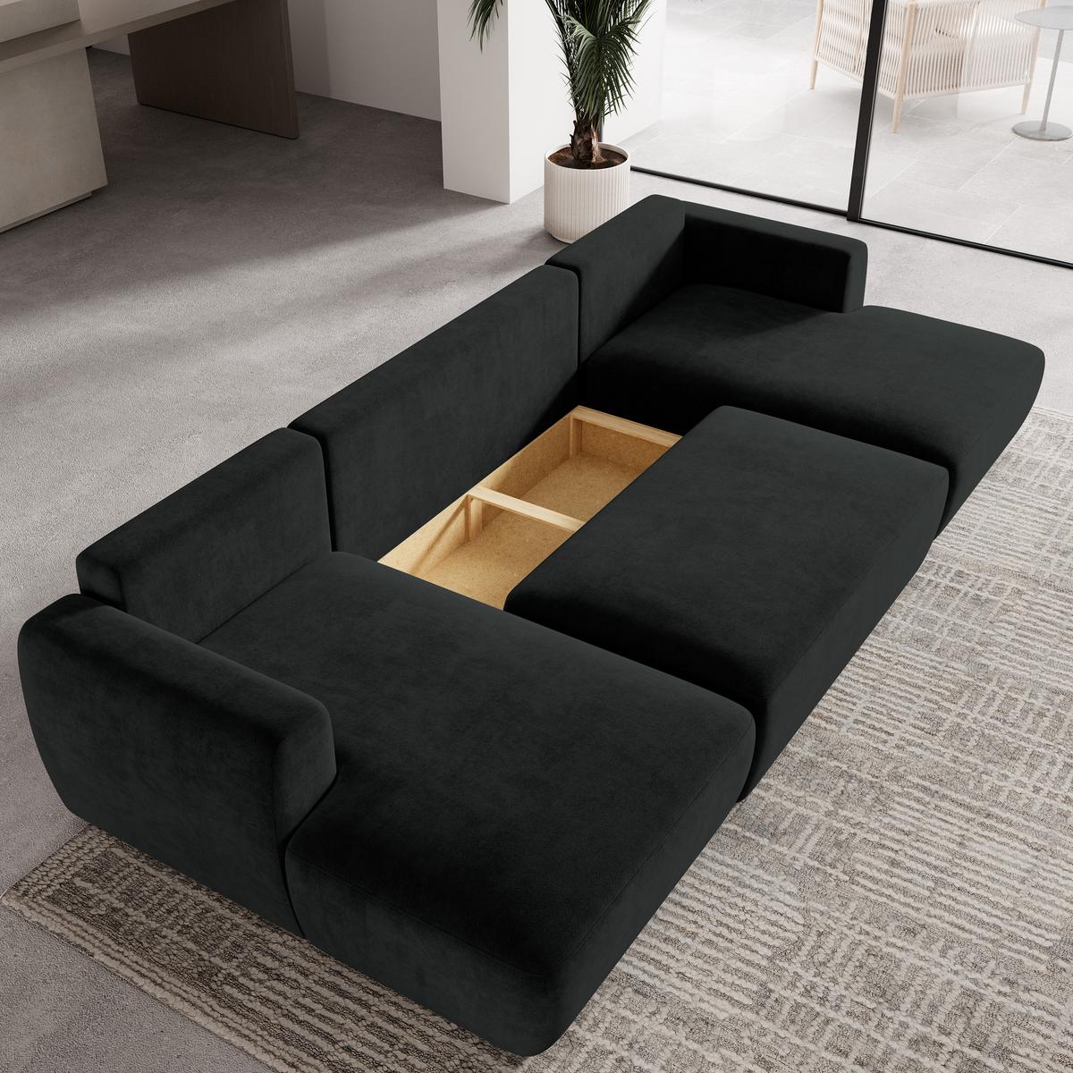 WOHNLANDSCHAFT SENTUM K Schwarz Plüsch-Stoff mit Schlaffunktion - Schwarz, Holz/Kunststoff (330/90/148cm) - MASSENO