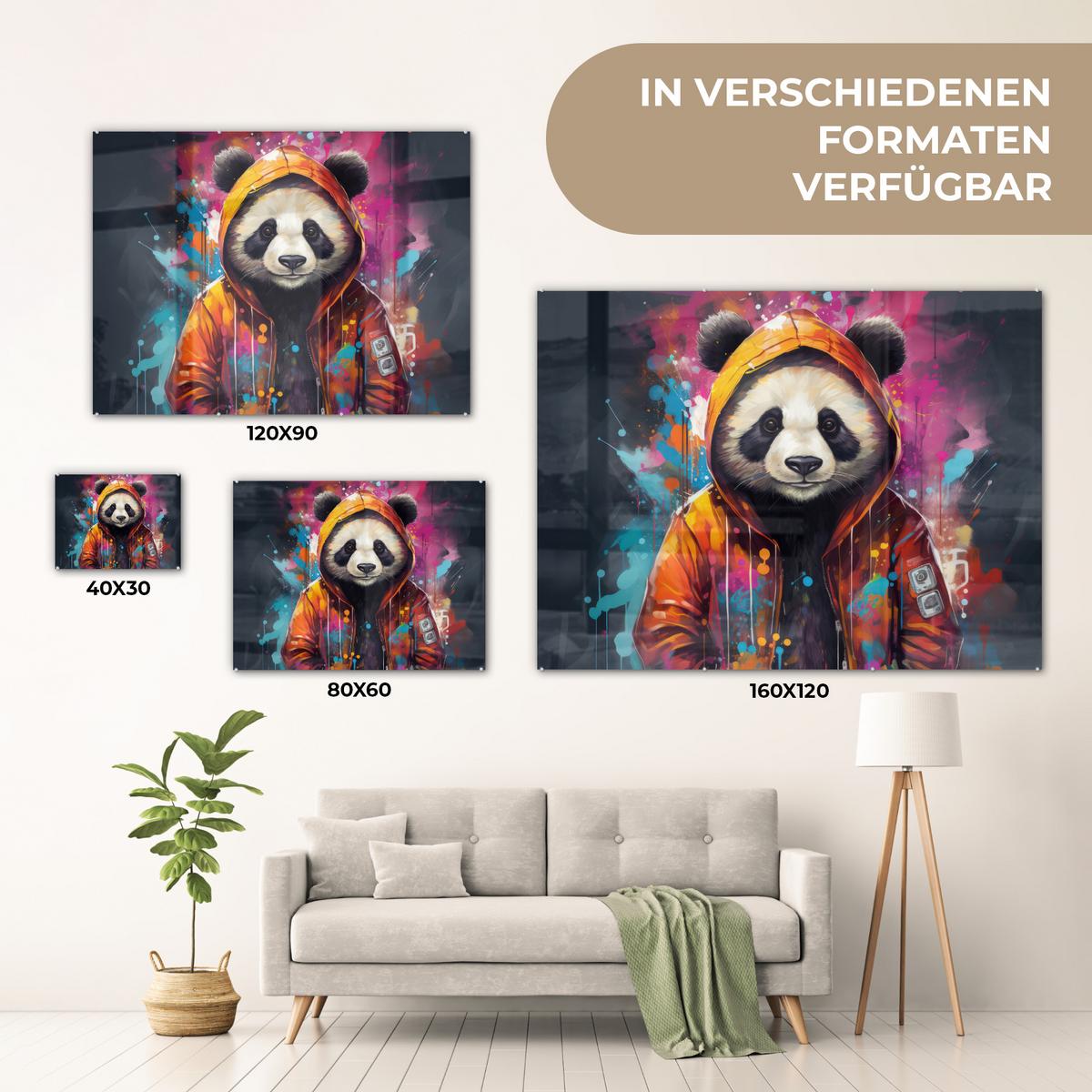 ACRYLGLASBILD Panda - Jacke - Graffiti - Orange 80x60 cm - Orange, Glas (80/60cm) - MuchoWow