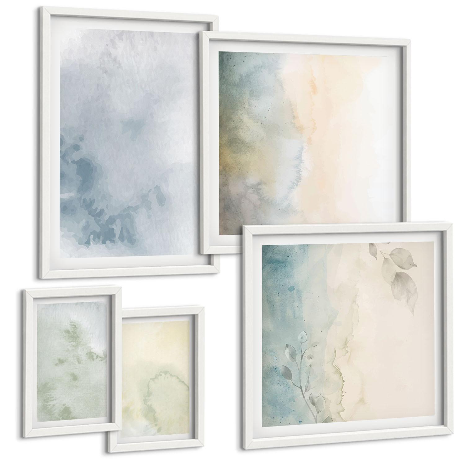 BILDER SET 5er Set - 50x50 cm & 20x30 cm & 40x60 cm Weißer Rahmen - Pastellfarbene Aquarell-Leinwandtextur - Weiß, Kunststoff (40/60cm) - TULUP