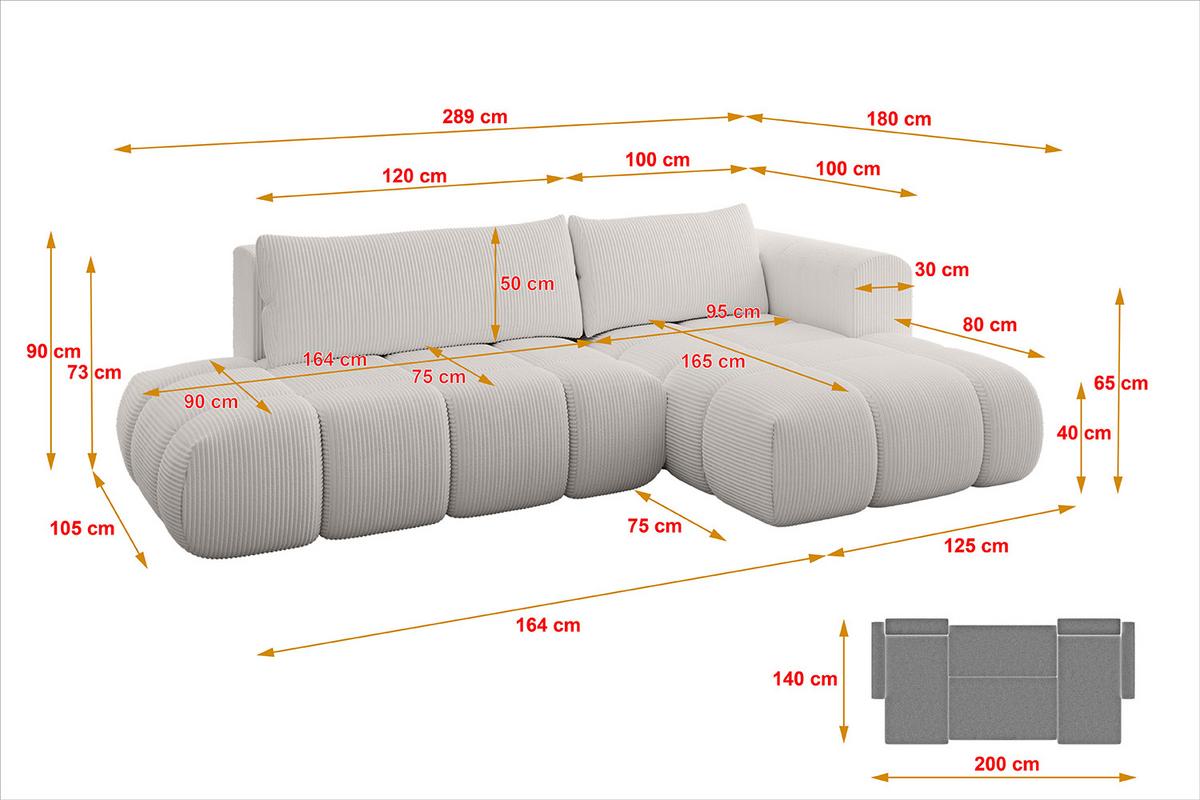 ECKSOFA Ottomane Rechts CLOUD-L 280x185x90 Creme Cord - Hellgrau/Creme, Holzwerkstoff/Kunststoff (185/280cm) - ALTDECOR