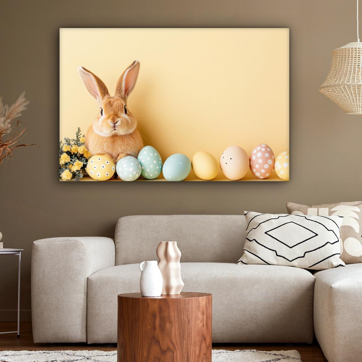 LEINWANDBILD Eier - Kaninchen - Pastellfarbtöne Groß 140x90 cm - Hellgelb, Textil (140/90cm) - MuchoWow