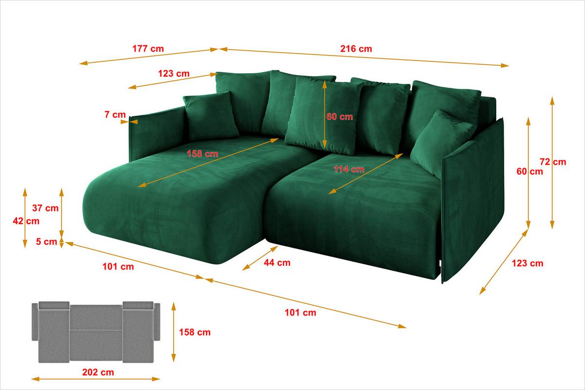 ECKSOFA Ottomane links ONESK-L 216x177x72 Dunkelgrün Velours - Dunkelgrün, Holzwerkstoff/Kunststoff (216/177cm) - ALTDECOR
