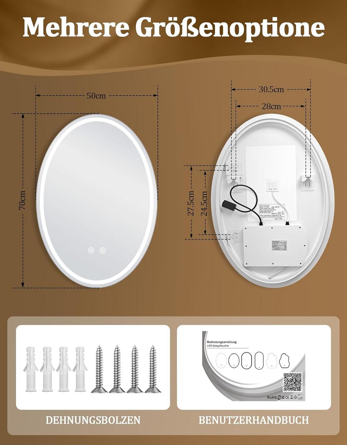 BADSPIEGEL mit Beleuchtung Kerenor 3/50/70 cm - Weiß, Glas (50/70/3cm) - ZMH