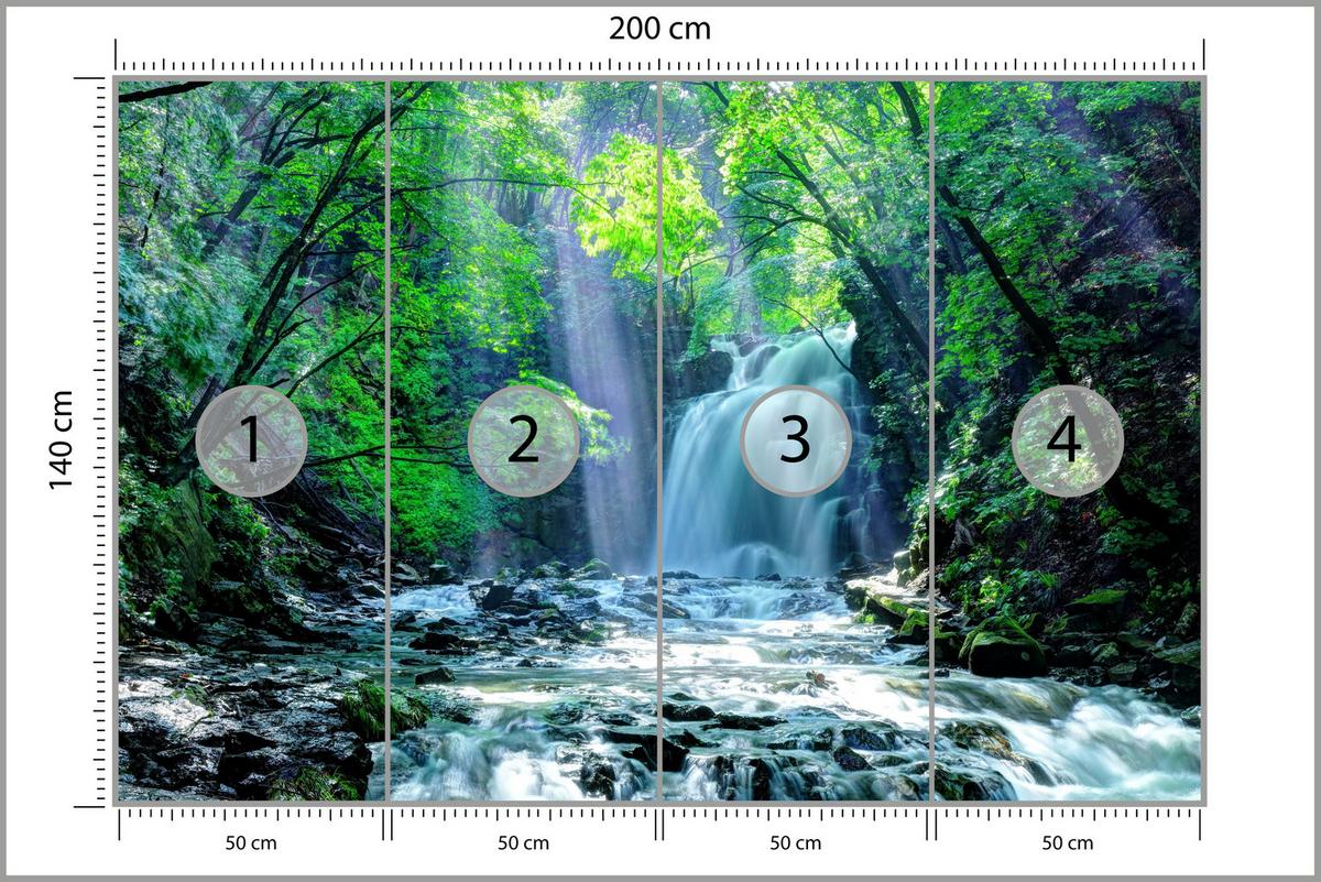 FOTOTAPETE für Schlafzimmer Wasserfall Wald Felsen Bäume Pflanzen 200x140 - Türkis/Blau, Papier (200/140cm) - Muralo