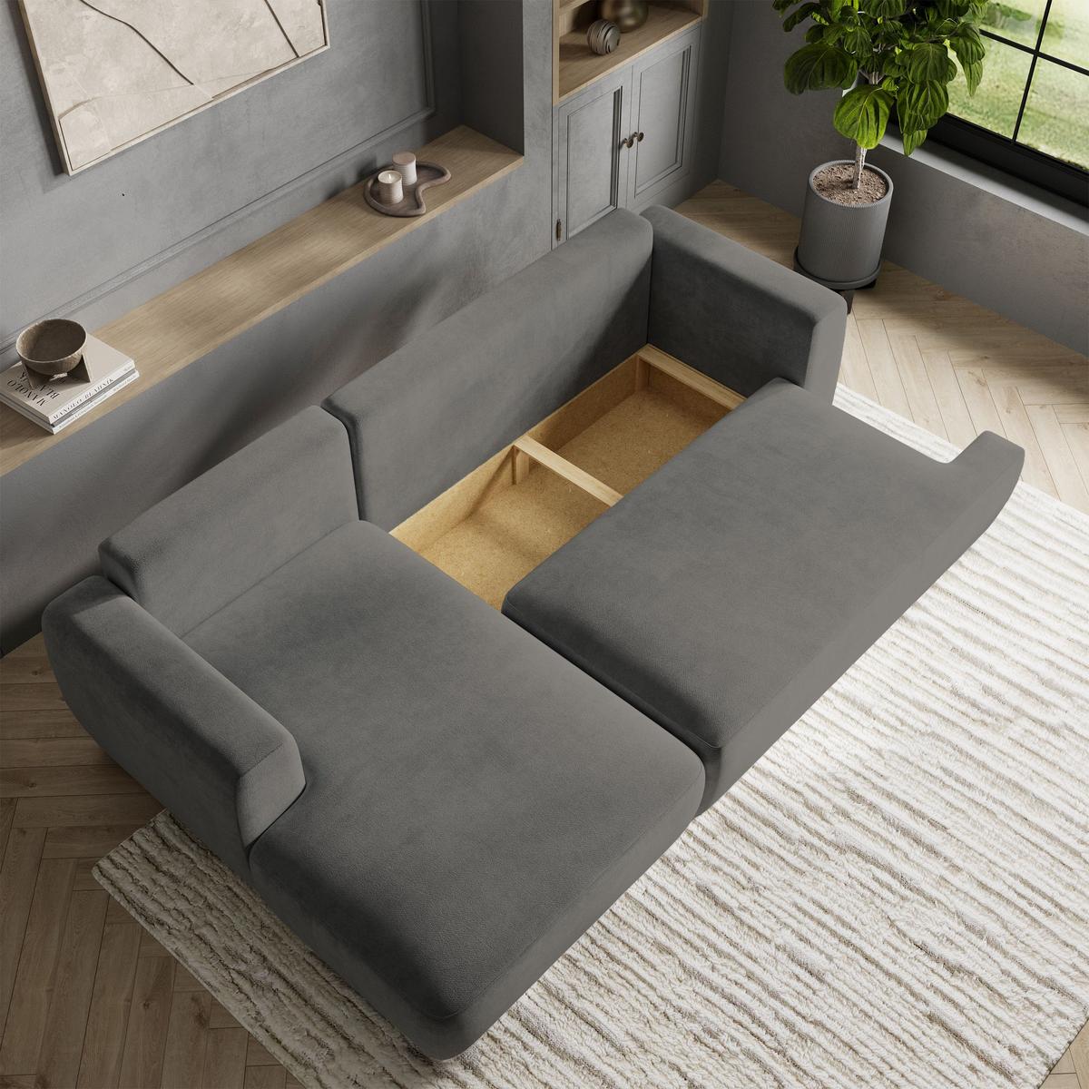 ECKSOFA SENTI K L-S Grau Plüsch-Stoff mit Schlaffunktion - Schwarz/Grau, Holz/Kunststoff (246/148cm) - MASSENO