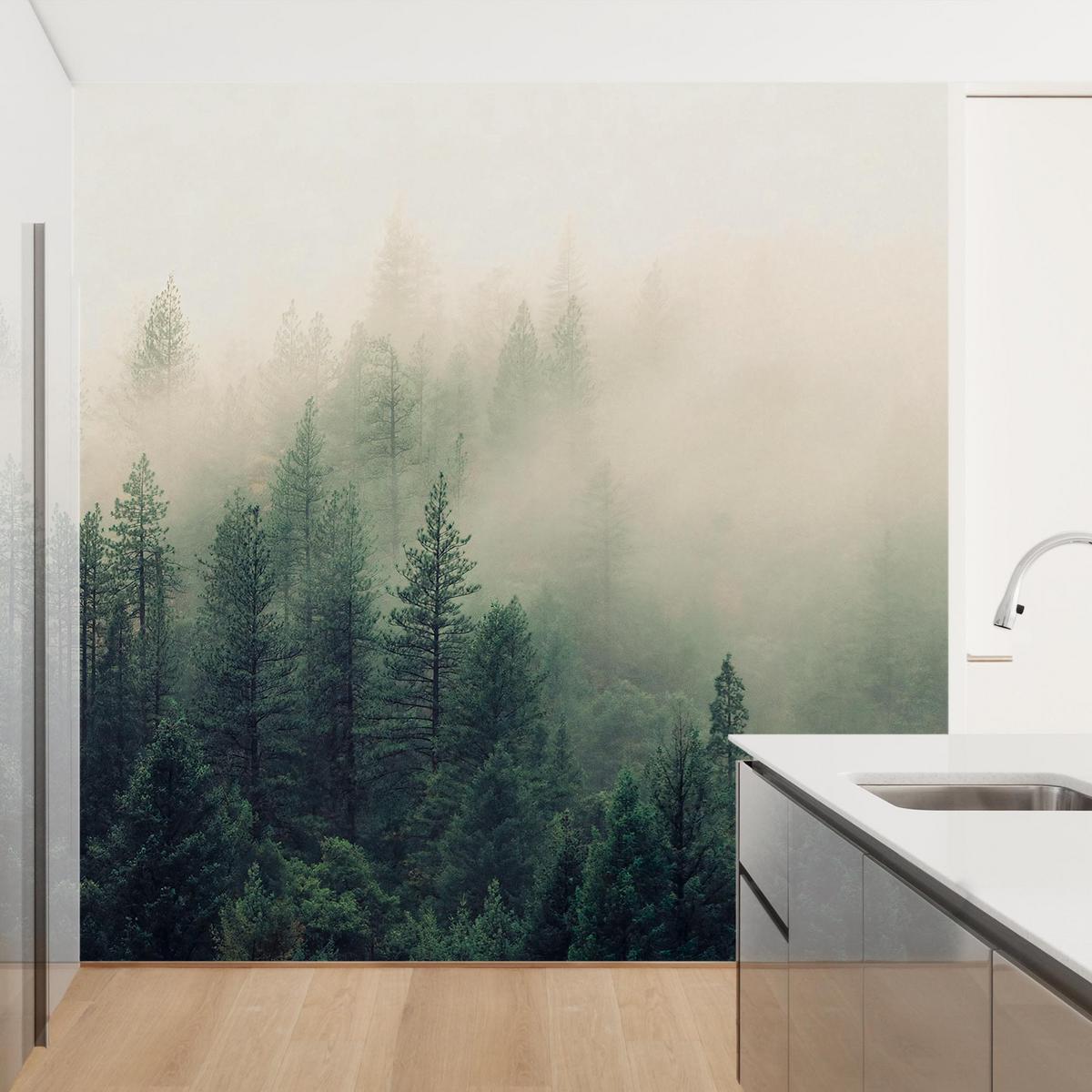 FOTOTAPETE Wald im Nebel Erwachen 192/192 cm - Grün, Papier (192/192cm) - Bilderwelten