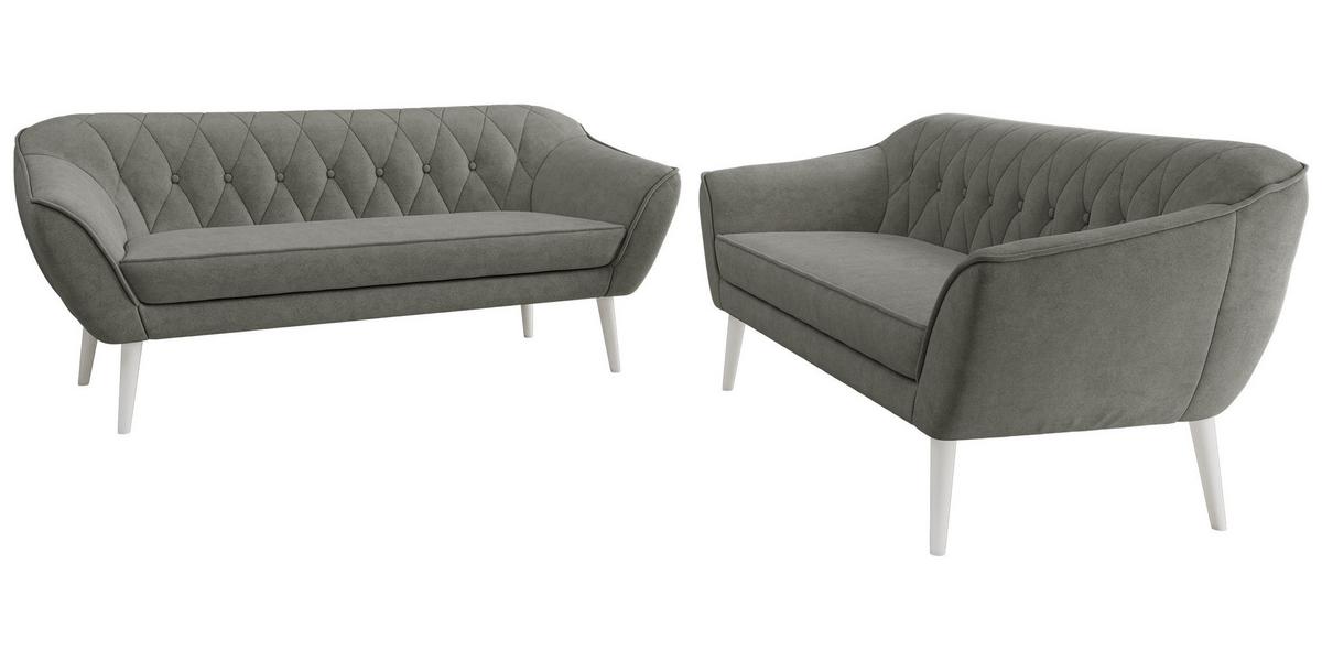 SITZGARNITUR PIRS 3+3 - Grau Strukture - Weiße Beine - Platinfarben/Weiß, Holzwerkstoff/Textil (180/75/74cm) - MKS