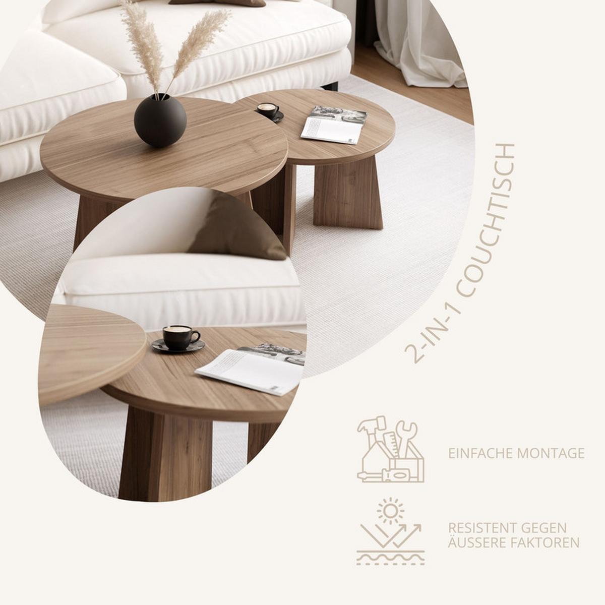 COUCHTISCH-SET BELLAGIO 75/58 cm runden, Nussbaum - Nussbaumfarben, Holzwerkstoff (75/75/47cm) - Idohome