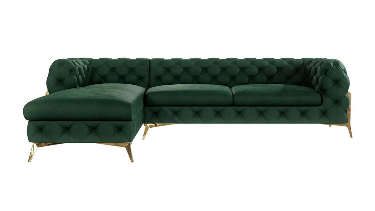 ECKSOFA Chesterfield Lexi Flasche Grün Samt, Ottomane links - Smaragdgrün/Goldfarben, Holz/Textil (305/200cm) - S-Style