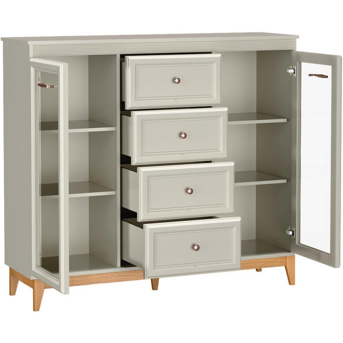 VITRINE Charlott mit 4 Schubladen und 2 Türen, mit LED-Beleuchtung - Kaschmir/Eichefarben, Holz/Holzwerkstoff (141.5/125.5/40.5cm) - Beautysofa