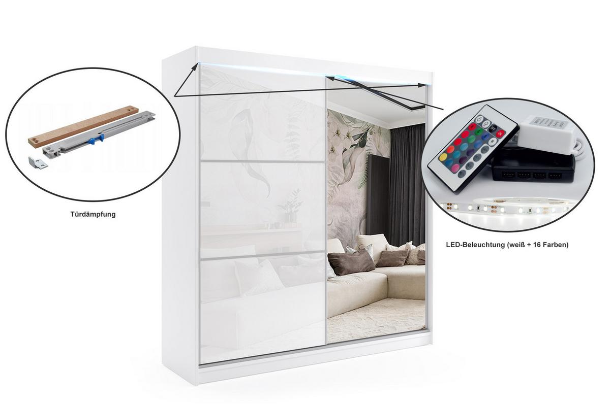 KLEIDERSCHRANK mit Spiegel-Schiebetüren und Aluminium-Leisten, LED-Beleuchtung - VIVI - 200 cm Weiß - Weiß, Holzwerkstoff (200/216/61cm) - ALTDECOR