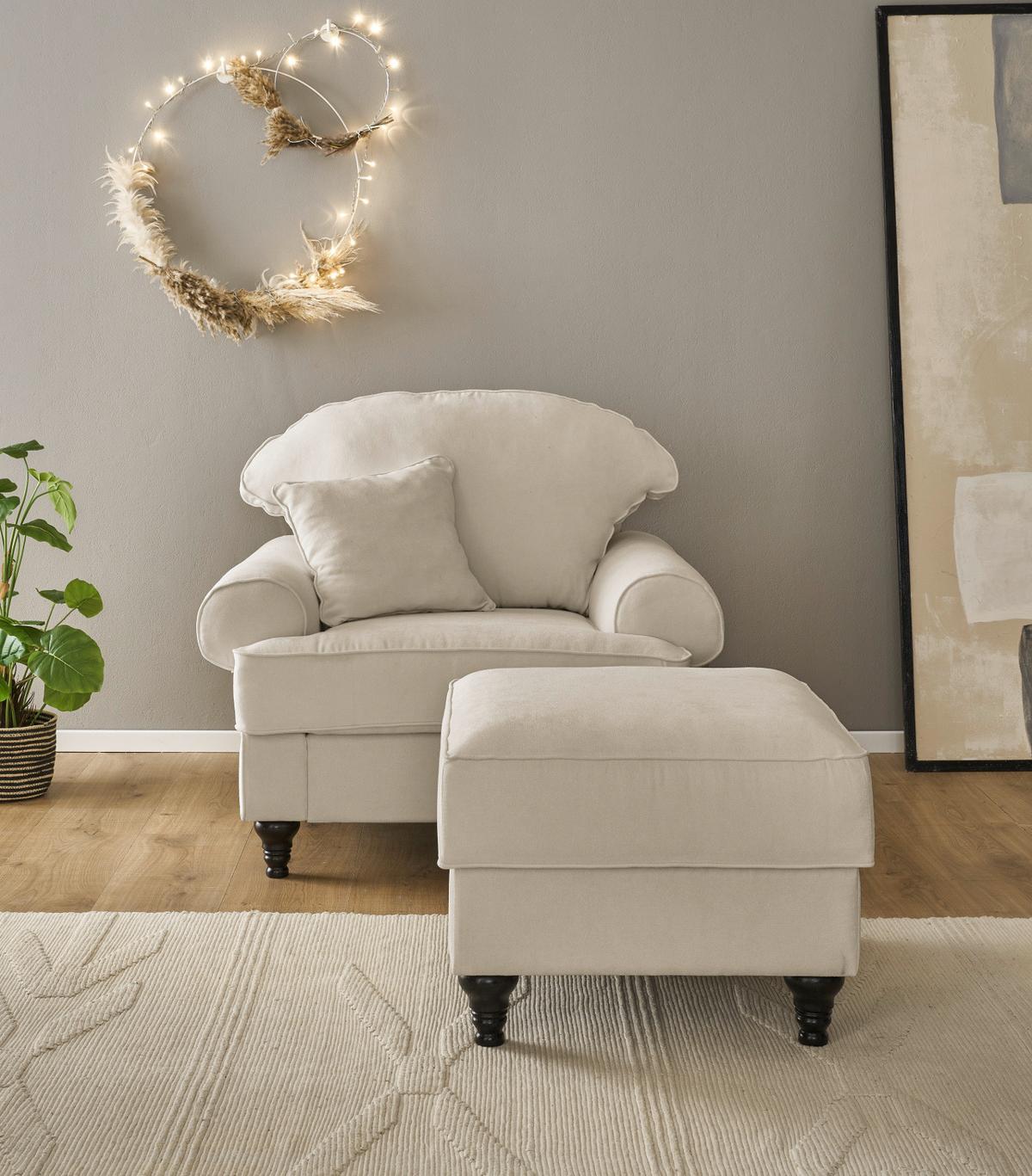 SESSEL-SET beige Landhaus, Loungesessel inklusive Hocker - Beige/Braun, Holz/Textil (175/95/110cm) - Furn.Design