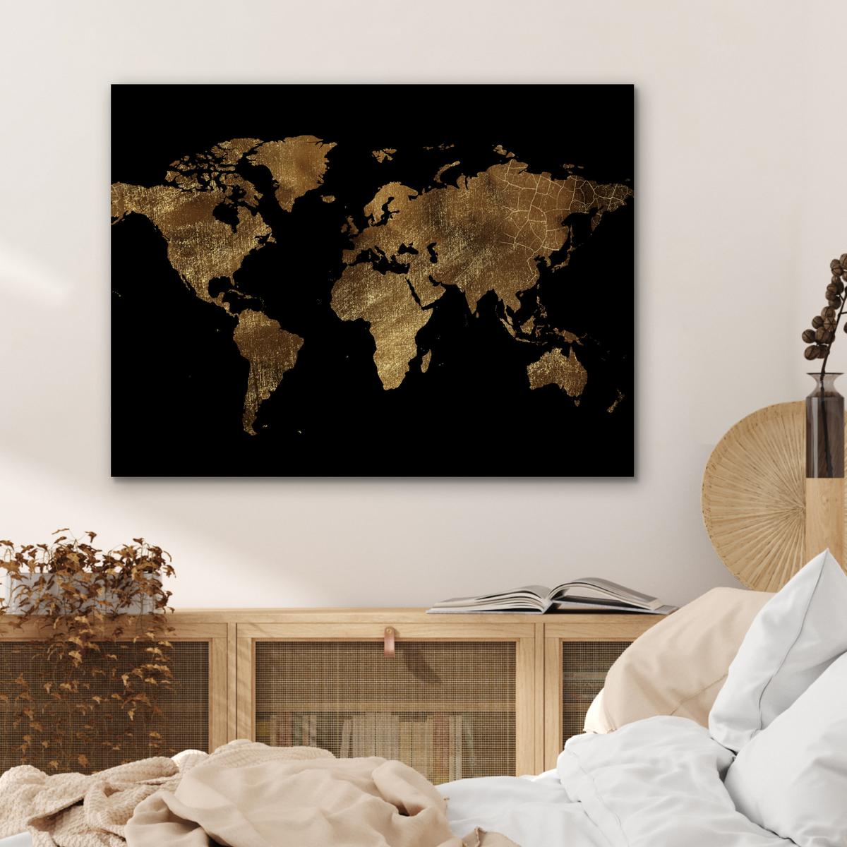 METALLBILD Weltkarte - Gold - Luxus - Erde - Schwarz 80x60 cm - Goldfarben, Metall (80/60cm) - MuchoWow