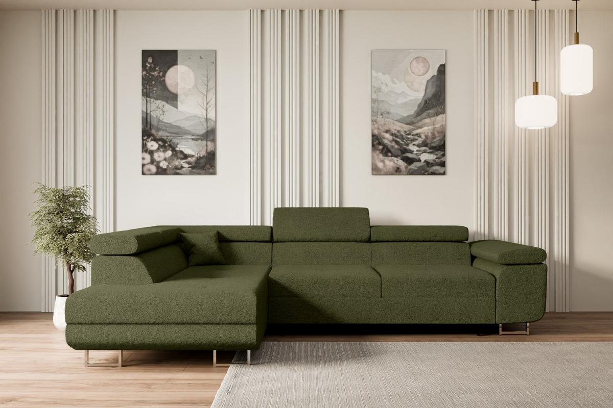 ECKSOFA mit Schlaffunktion und Bettkasten GUSA-L 272x202x107 cm Grün Bouclé - Silberfarben/Grün, Holzwerkstoff/Textil (202/272cm) - ALTDECOR