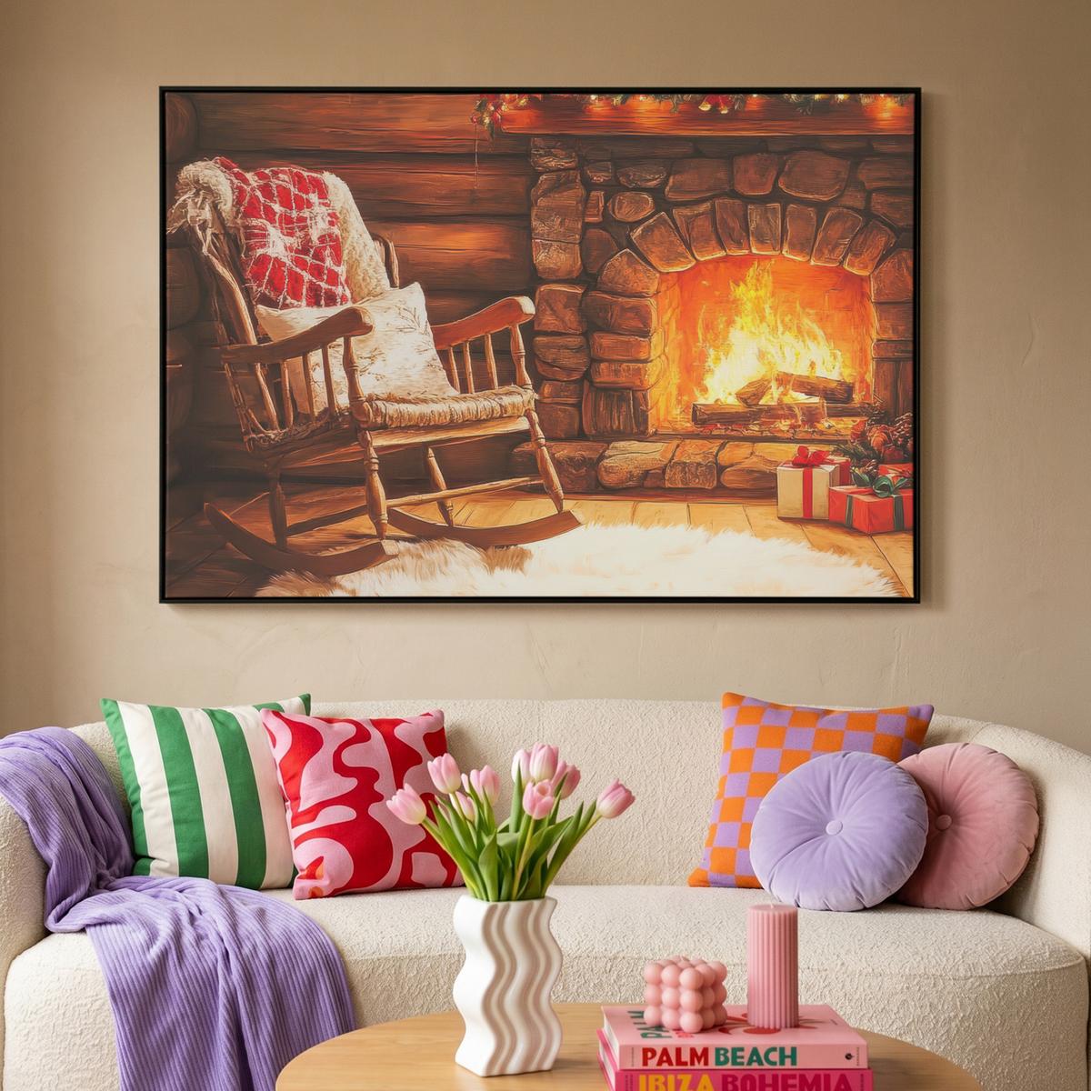 LEINWAND Bilder mit Rahmen - Winter - Weihnachten - Zuhause - Kamin - 140x90 - Bernsteinfarben, Textil (140/90cm) - MuchoWow