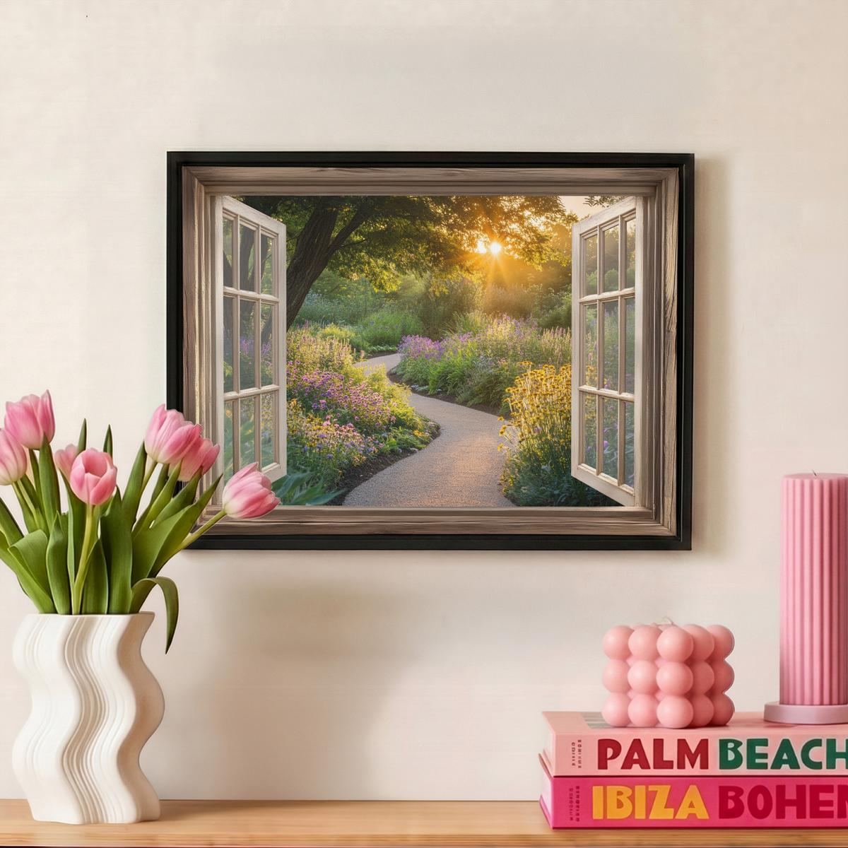 LEINWAND Bilder mit Rahmen - Aussicht - Blumen - Natur - Sonne - Weg - 40x30 - Hellgelb, Textil (40/30cm) - MuchoWow