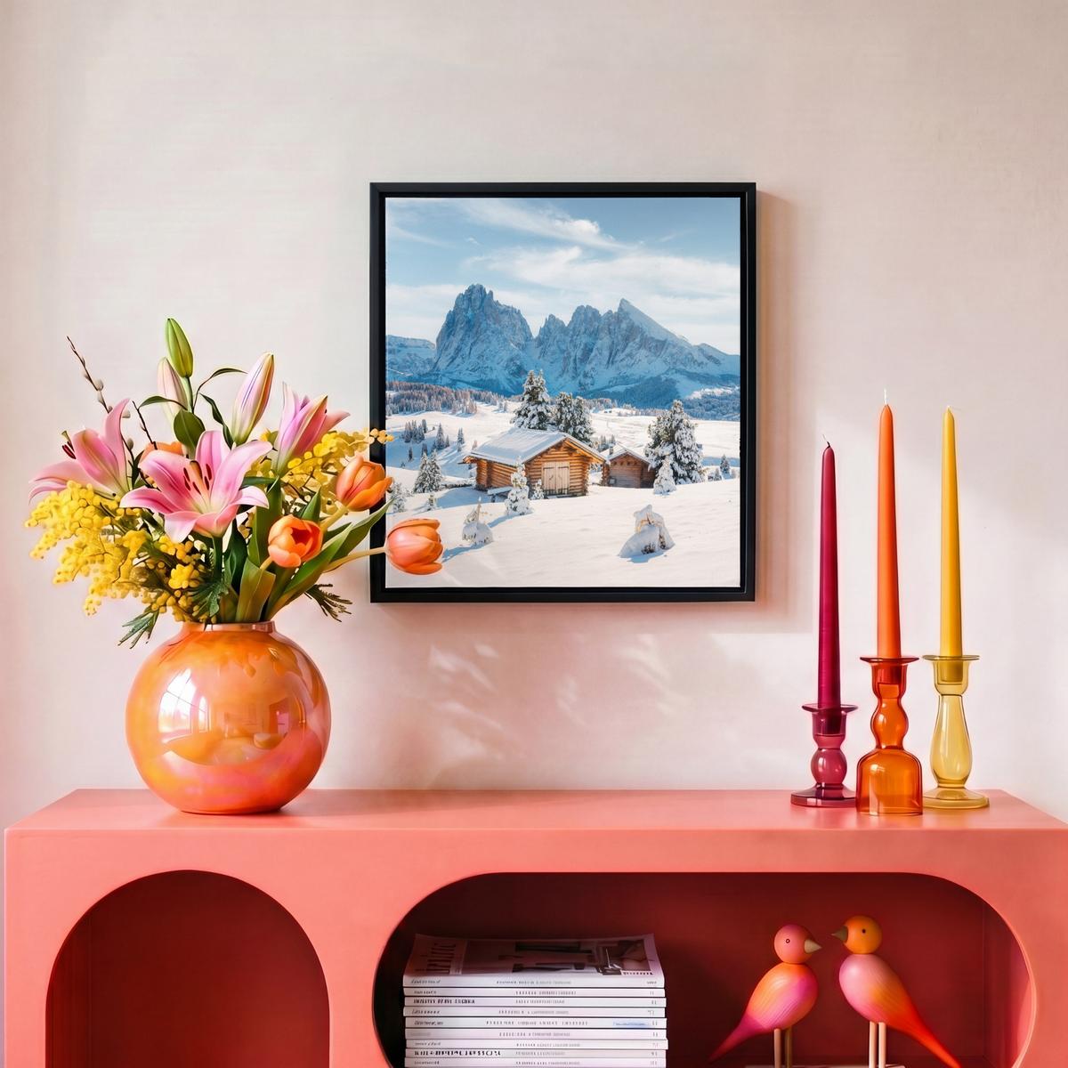 LEINWAND Bilder mit Rahmen - Winter - Hütte - Berge - Aussicht - Schnee - 20x20 - Eichefarben, Textil (20/20cm) - MuchoWow