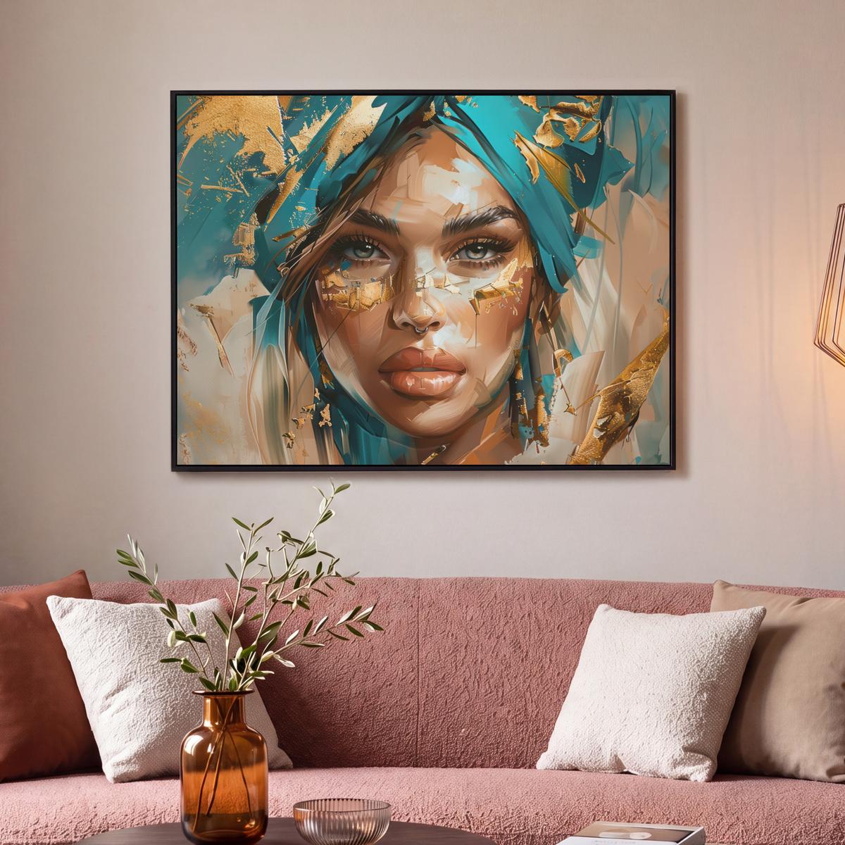 LEINWAND Bilder mit Rahmen - Frau - Porträt - Gold - Luxus - Blau - 100x70 - Türkis, Textil (100/70cm) - MuchoWow