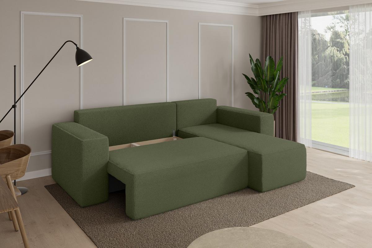 ECKSOFA mit Schlaffunktion Ottomane Rechts SENO-L 249x139x85 Grün Bouclé - Schwarz/Olivgrün, Holzwerkstoff/Kunststoff (249/139cm) - ALTDECOR