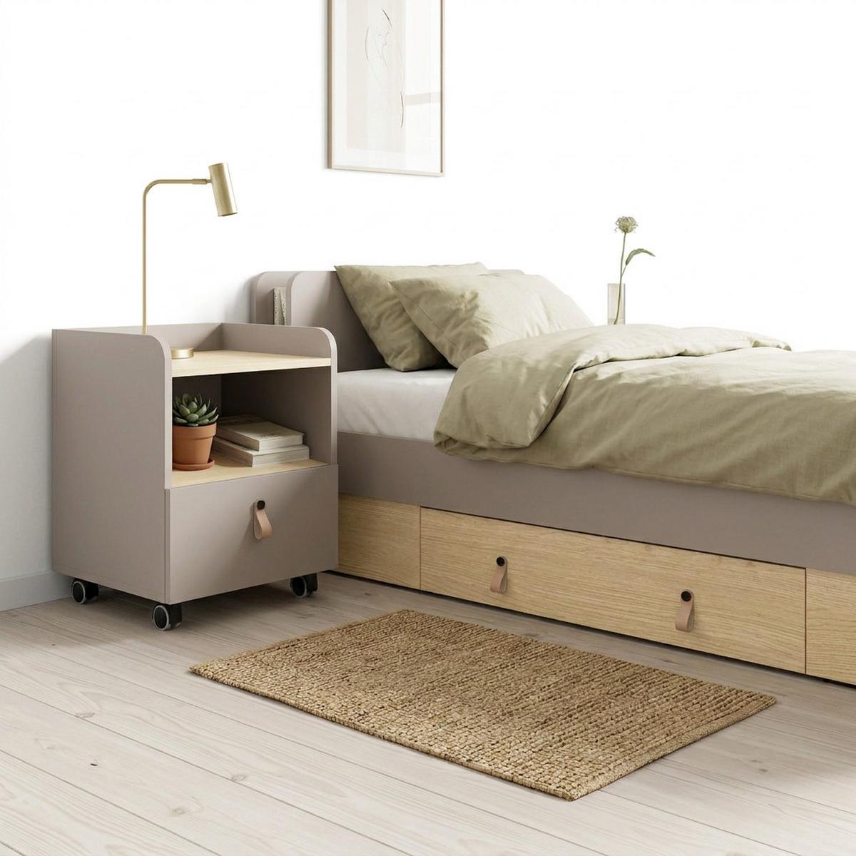 NACHTTISCH Sorella auf Rollen, mit Schublade, für Jugendzimmer, Porcini + Eiche Mavelie - Eichefarben/Cappuccino, Leder/Holzwerkstoff (40/49/42cm) - Beautysofa