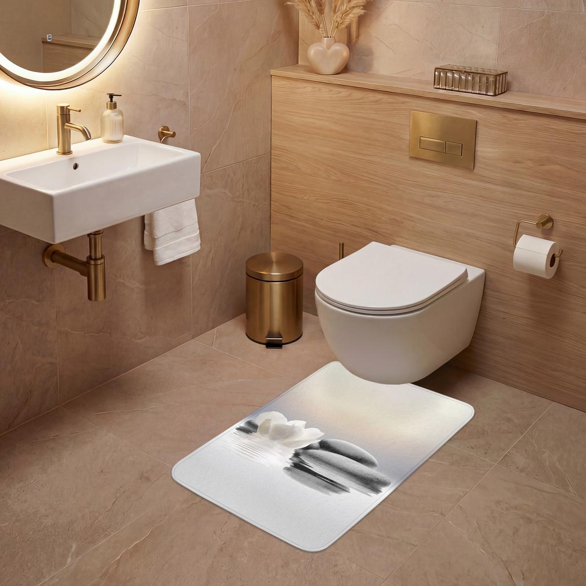 WC-VORLEGER Steine - Lotus - Weiß - Wasser - Zen WC Teppich 50x80 cm - Weiß, Textil (50/1cm) - OnlyWow