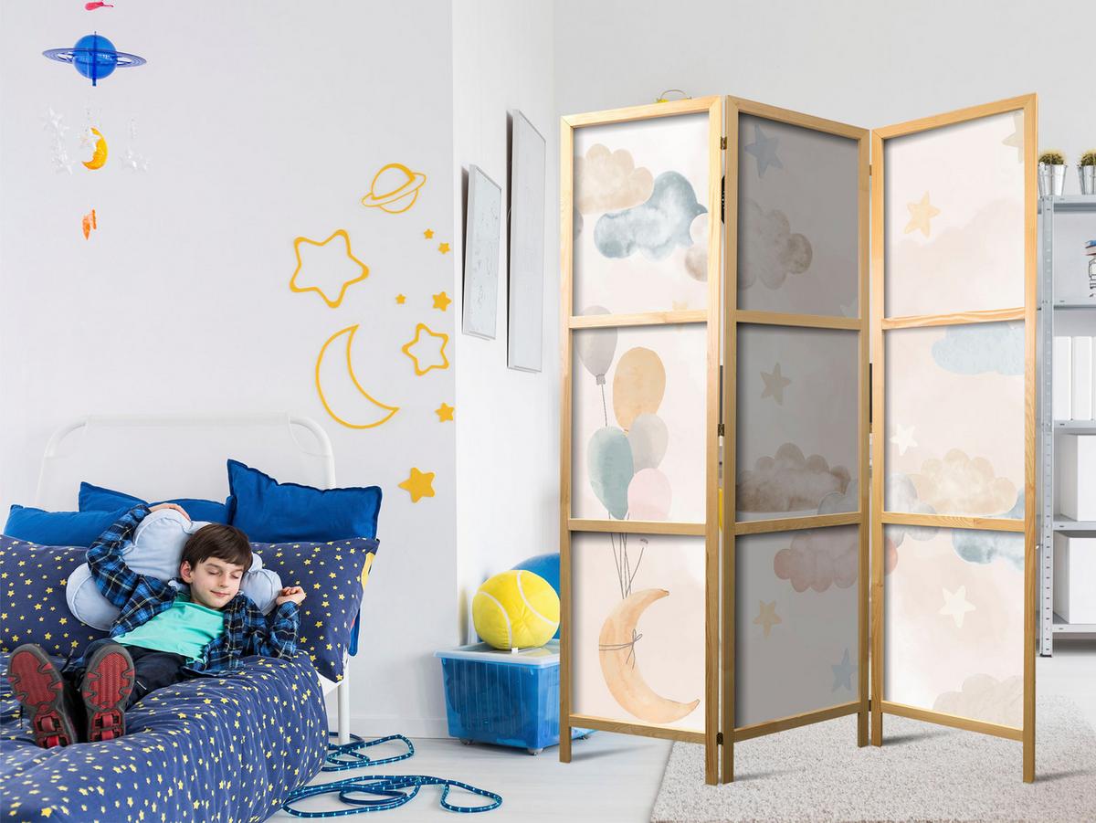 PARAVENT Japanischer 3-tlg 135x172 cm bunte Wolken und Sterne - Multicolor, Holz/Textil (135/172/3cm) - Muralo