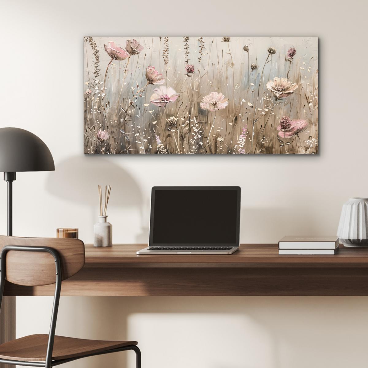 METALLBILD Blumen - Rosa - Modern - Beige 80x40 cm - Beige, Metall (80/40cm) - MuchoWow