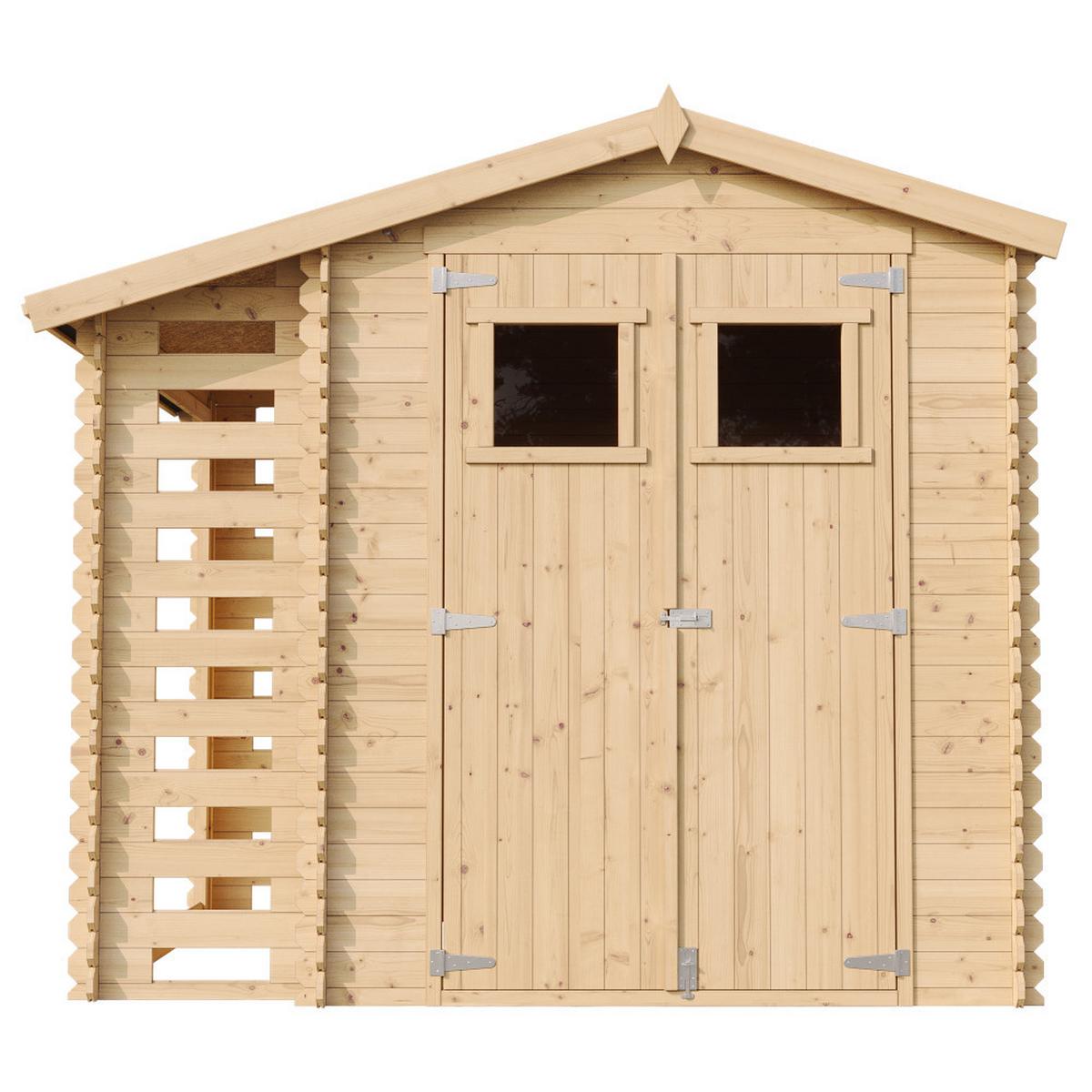 HOLZHAUS GARTENHAUS Mit Brennholzschuppen M386 - B272xL206xH218 cm/ 3,53 + 0,97 m2 - Beige, Holz (256/218/206cm) - Timbela