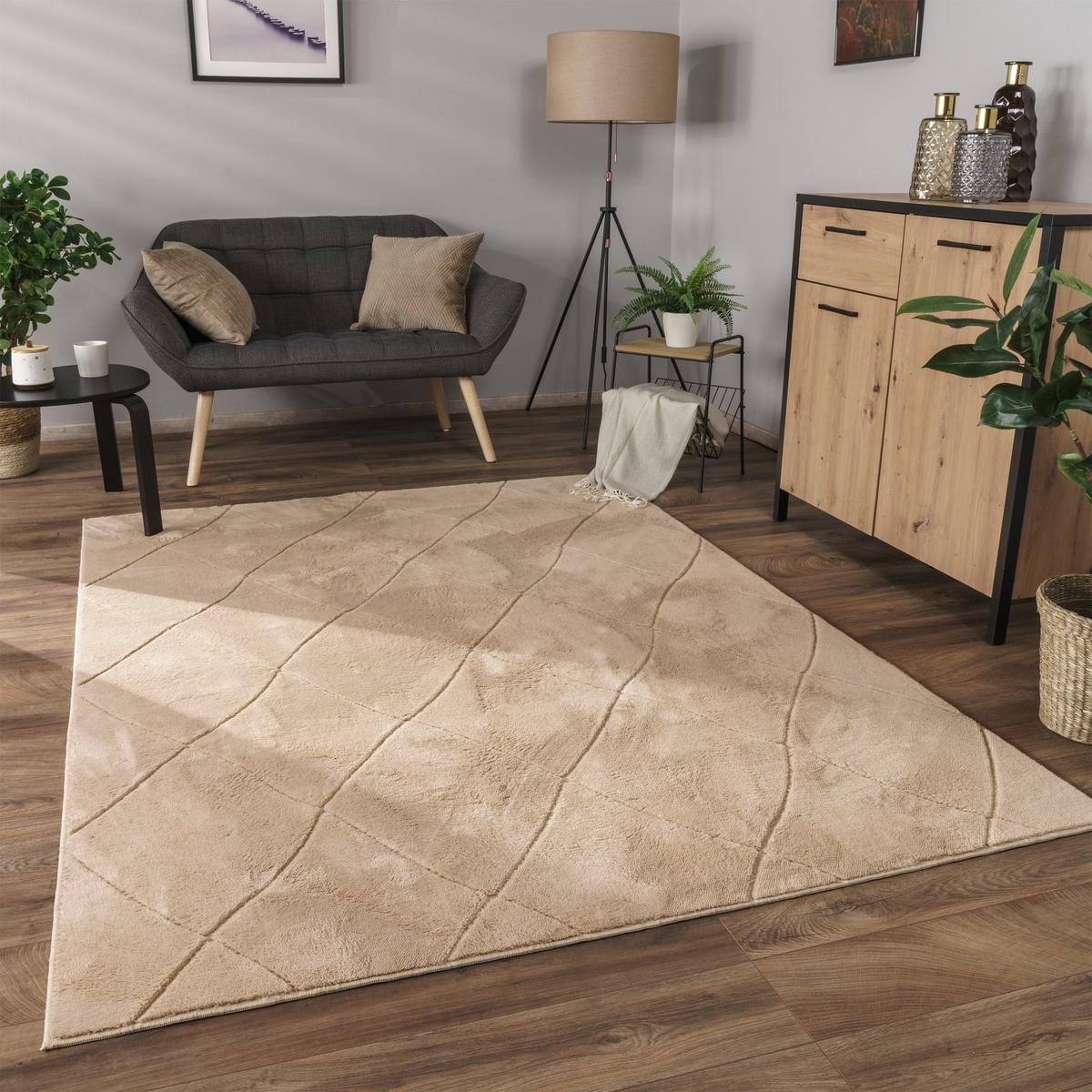 KURZFLORTEPPICH Waschbar, mit Rauten-Struktur, Beige, 60 x 100 cm - Beige, Textil (100/60cm) - KADIMA DESIGN
