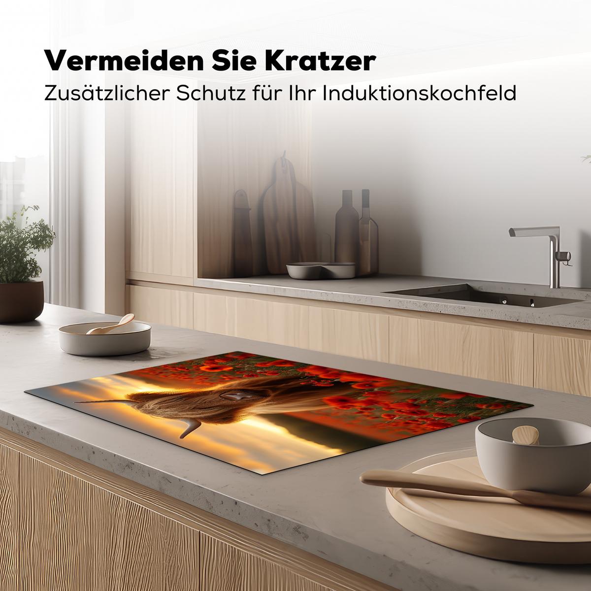 HERDABDECKPLATTE Schottische Highlander - Rosen - Blumenfeld - Sonnenuntergang Ceranfeldabdeckung 76x51.5 cm - Rotbraun, Kunststoff (76/51.5/0.2cm) - MuchoWow