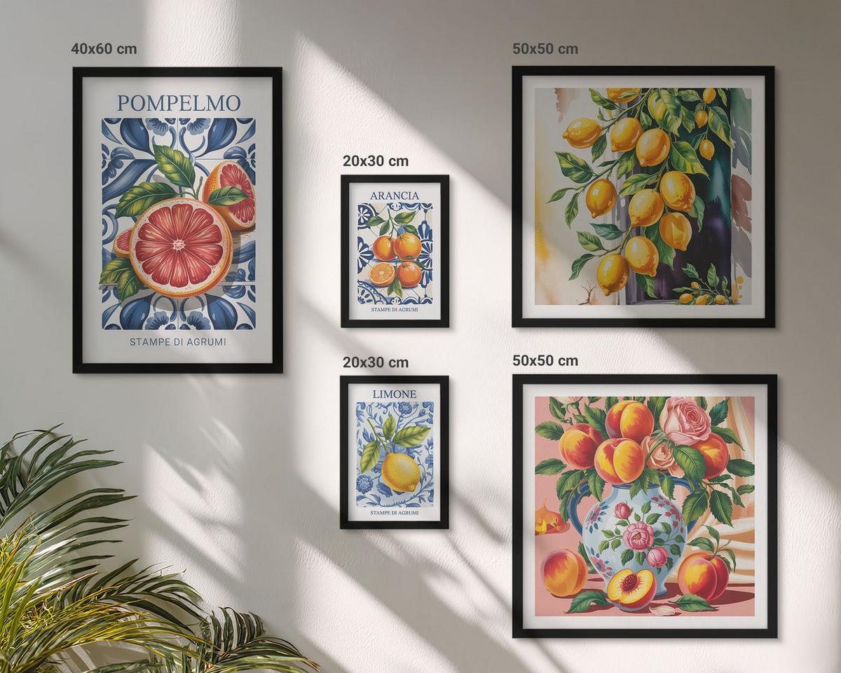 BILDER SET 5er Set - 50x50 cm & 20x30 cm & 40x60 cm Schwarzer Rahmen - Illustrationen von Zitrusfrüchten - Schwarz, Kunststoff (40/60cm) - TULUP