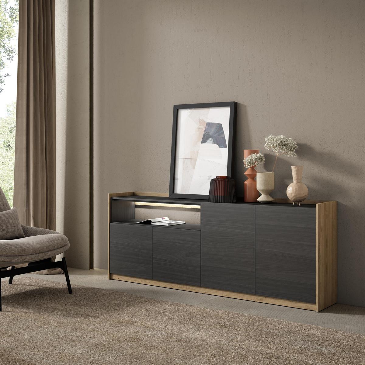 SIDEBOARD, Schwarz und Eiche, 207/37/80cm, mit Led - Schwarz, Holzwerkstoff (207/80/37cm) - Skraut Home