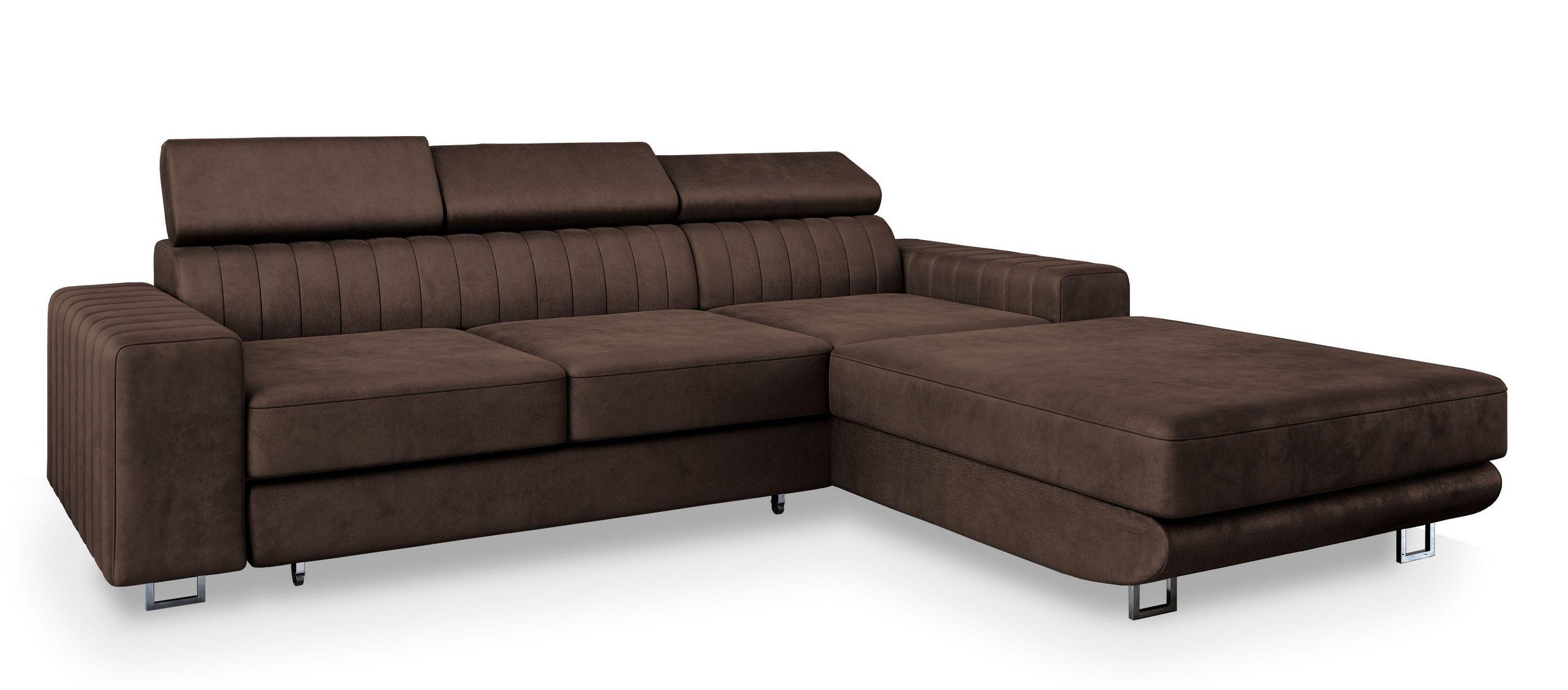 ECKSOFA NOTO R-S Braun Velours-Stoff mit Schlaffunktion - Silberfarben/Braun, Holz/Textil (267/190cm) - MASSENO