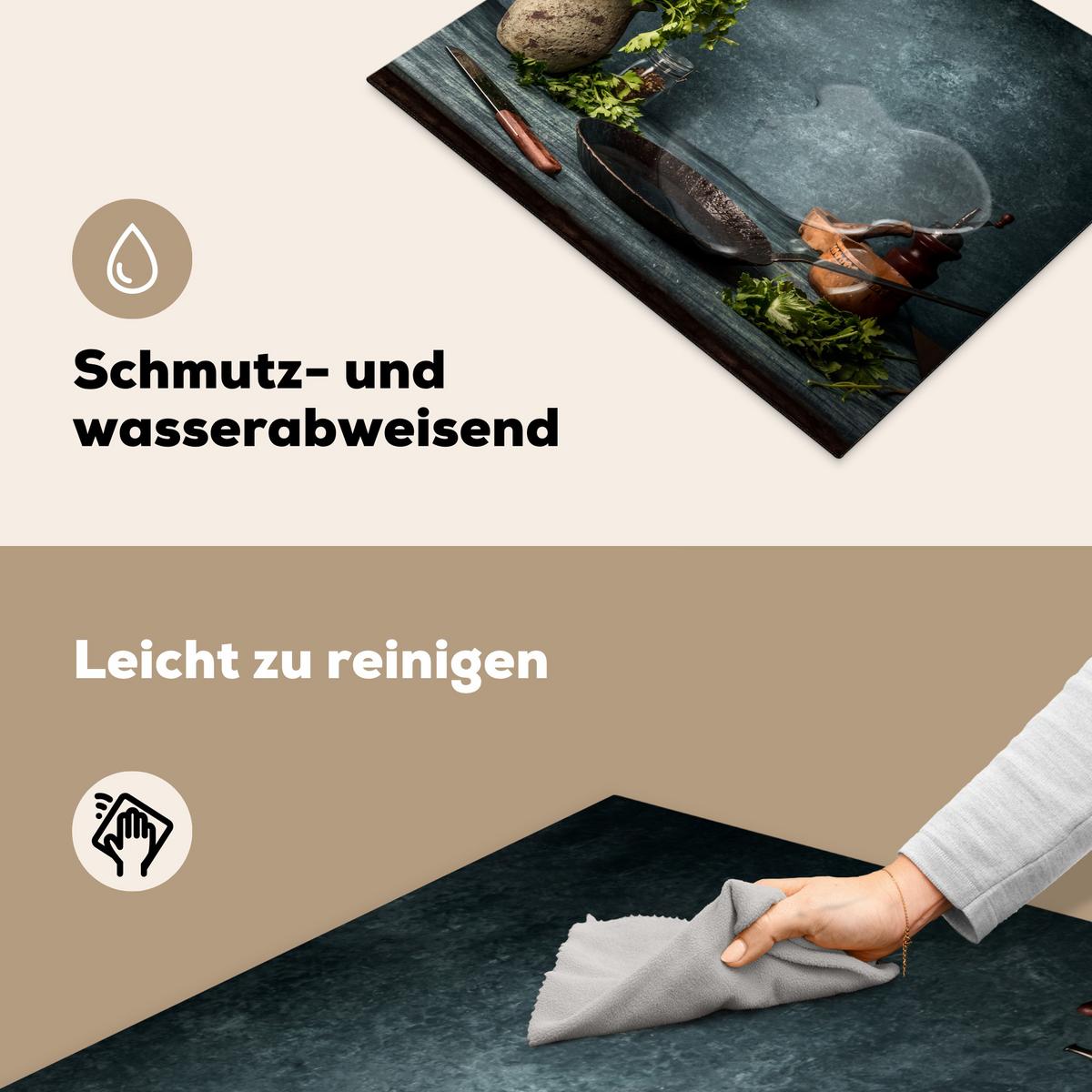 HERDABDECKPLATTE Kräuter - Gewürze - Pfanne - Messer - Grau - Rustikal Herdabdeckung Induktionsfeld 65x52 cm - Petrol, Kunststoff (65/52/0.2cm) - MuchoWow