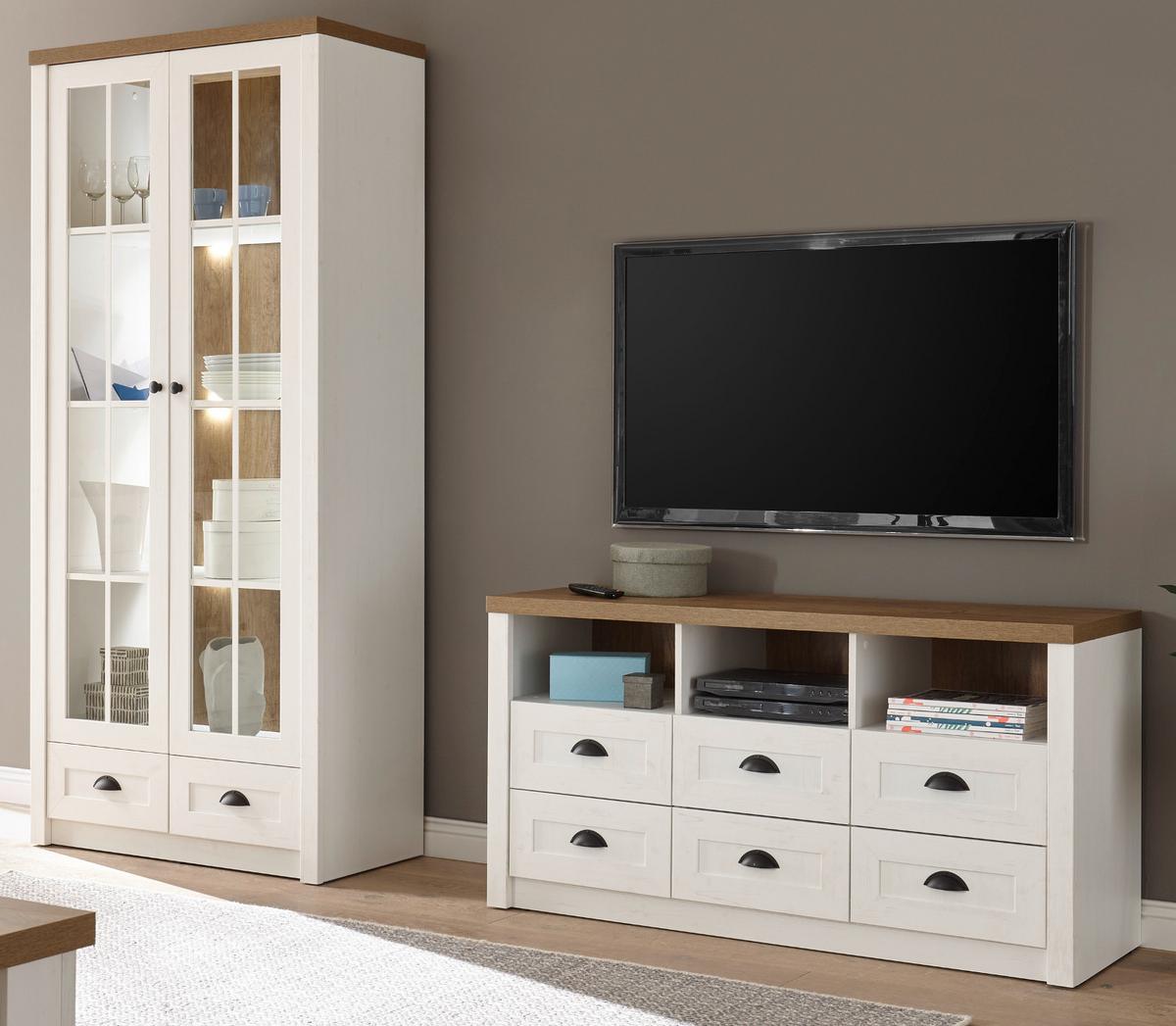 WOHNWAND weiß Pinie, Eiche hell Landhaus, Wohnkombination 2-teilig 240 x 198 cm - Eichefarben/Schwarz, Holzwerkstoff/Metall (240/198/43cm) - Furn.Design