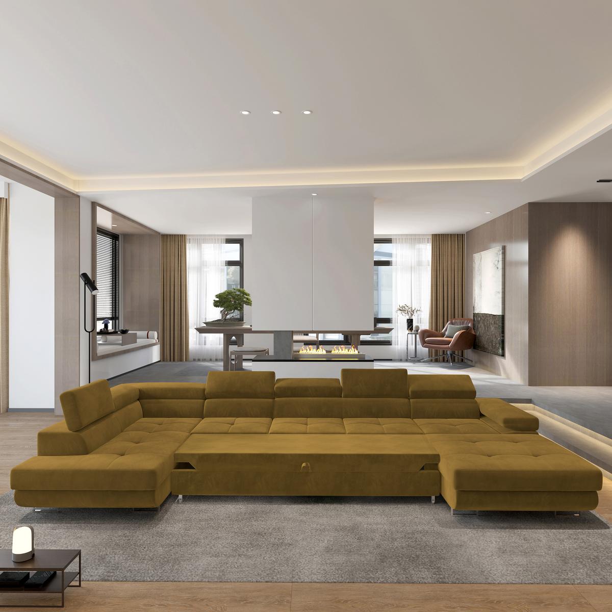 WOHNLANDSCHAFT TORIVA L-S Gelb Velours-Stoff mit Schlaffunktion - Gelb, Holz (418/90/202cm) - MASSENO