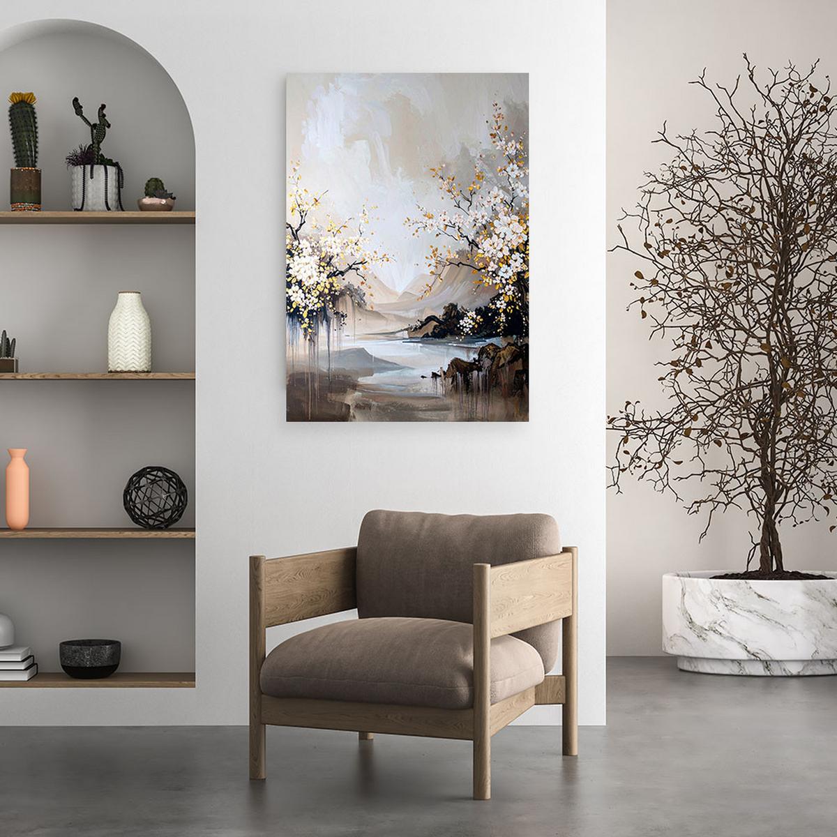 WANDBILD, Japanische Landschaft Kirschblüten beige - Weiß, Textil (70/100cm) - Feeby
