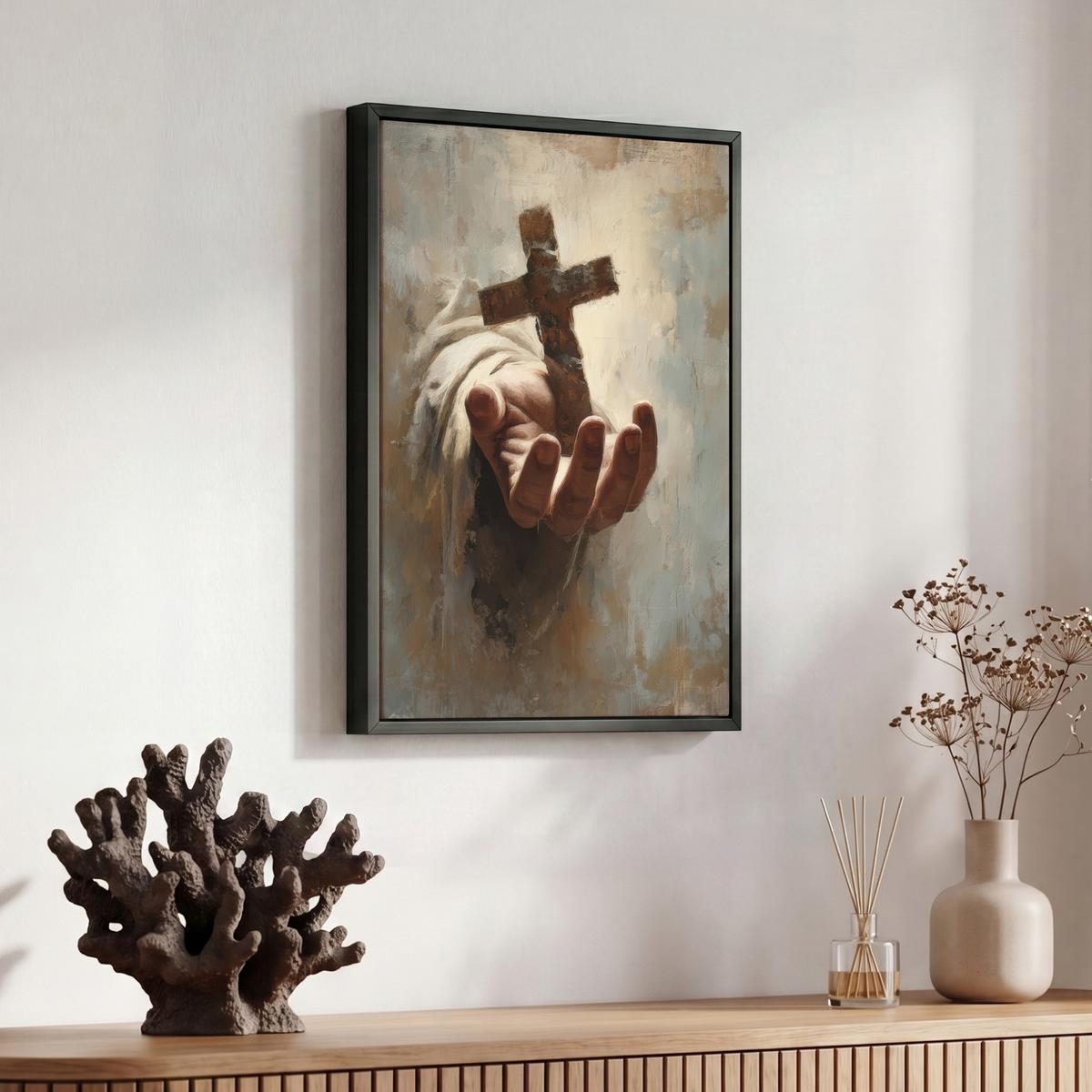 LEINWAND Bilder mit Rahmen - Abstrakt - Kreuz - Hand - Christentum - 30x40 - Hellbraun, Textil (30/40cm) - MuchoWow