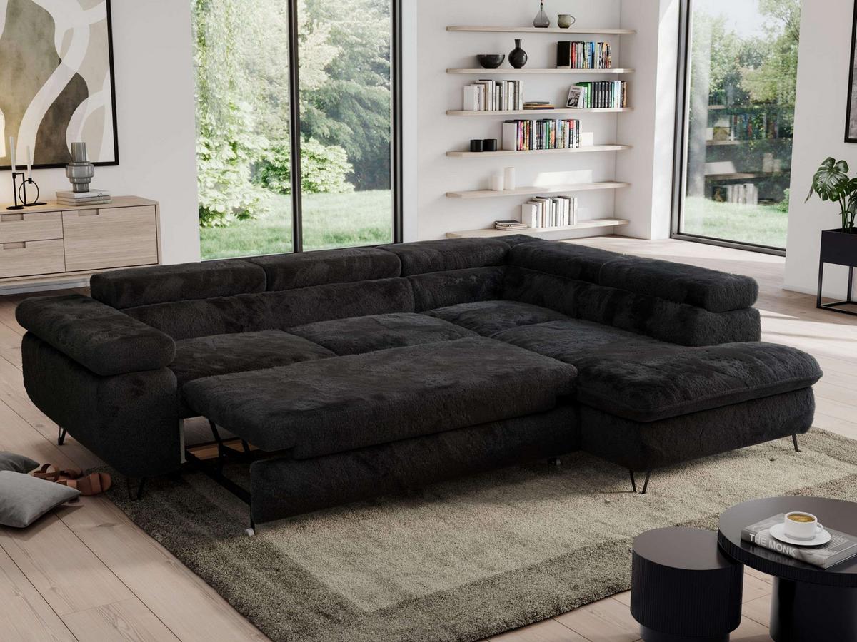 ECKSOFA PEDRO L Schwarz Plüsch - Rechts Seite - Schwarz, Textil/Metall (273/208cm) - MKS