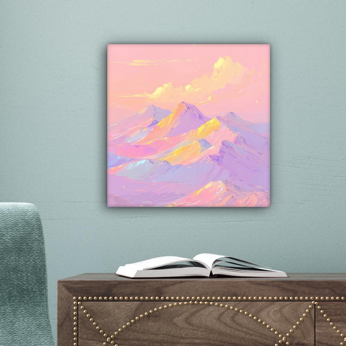 LEINWANDBILD Berggipfel - Wolken - Verträumt Deko Wohnzimmer 20x20 cm - Hellrosa, Textil (20/20cm) - MuchoWow