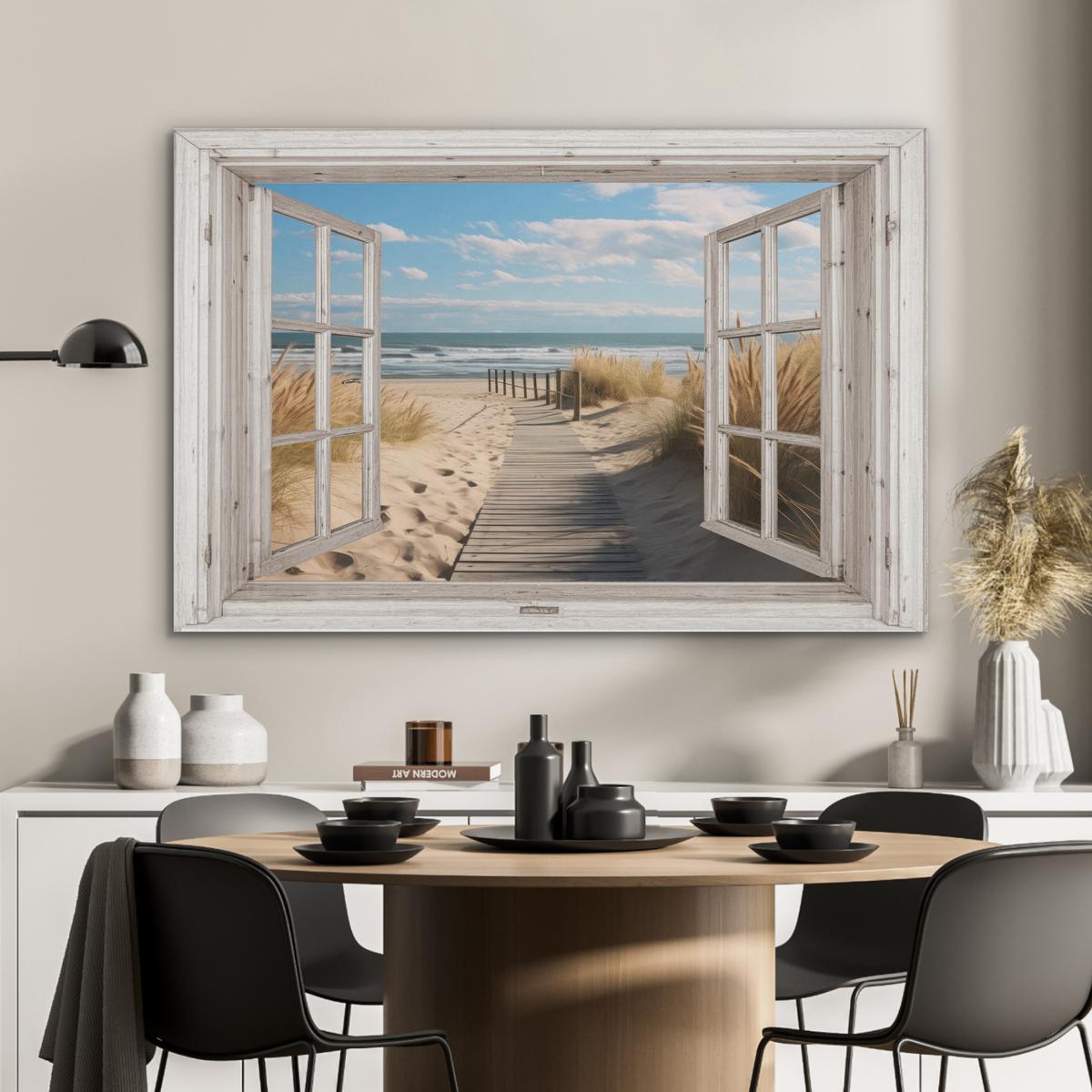 AKUSTIKBILD Fenster - Meer - Küste - Natur - Ausblick - Strand - Wattenmeer Wandbild Wohnzimmer 100x70 cm - Beige, Kunststoff (100/70/0.9cm) - MuchoWow