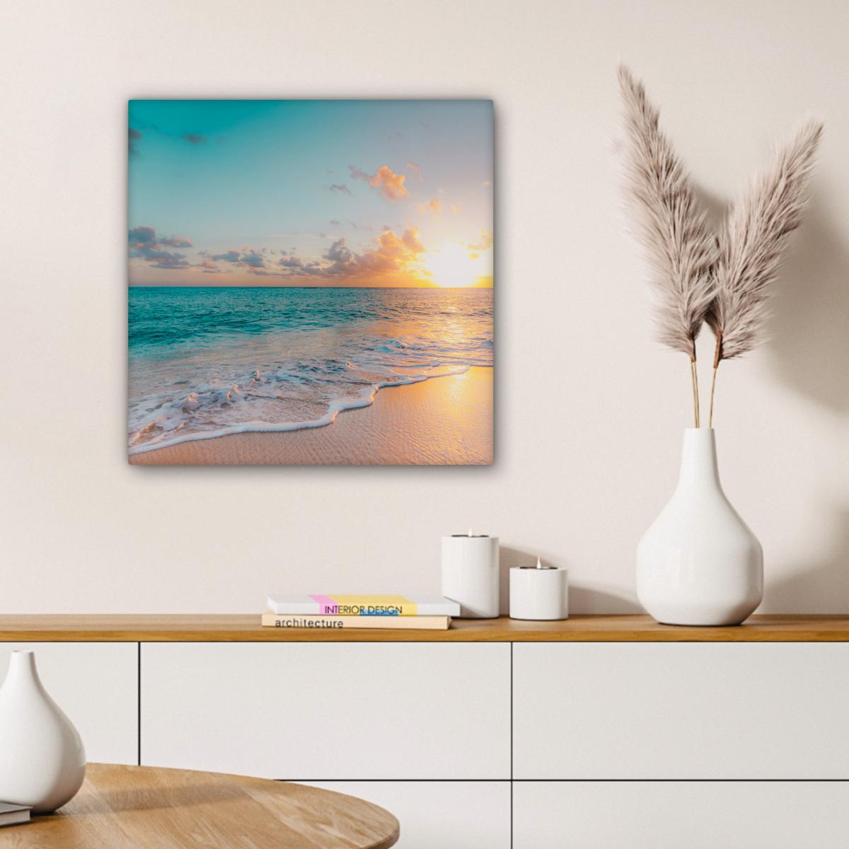 LEINWANDBILD Sonnenuntergang - Strand - Meer - Sommer - Blau Wandbild Wohnzimmer 50x50 cm - Multicolor, Textil (50/50cm) - MuchoWow
