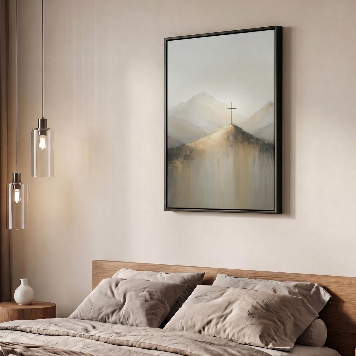 LEINWAND Bilder mit Rahmen - Hügel - Abstrakt - Kreuz - Christentum - 50x70 - Beige, Textil (50/70cm) - MuchoWow