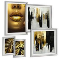 BILDER SET 5er Set - 50x50 cm & 20x30 cm & 40x60 cm Silberner Rahmen - Sonnenuntergangsbrücke Landschaft - Silberfarben, Kunststoff (40/60cm) - TULUP