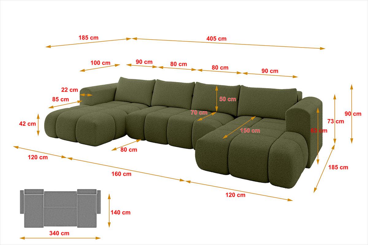 WOHNLANDSCHAFT CLOUD-U 405x185x90 Grün Bouclé - Grün, Holzwerkstoff/Kunststoff (405/90/185cm) - ALTDECOR