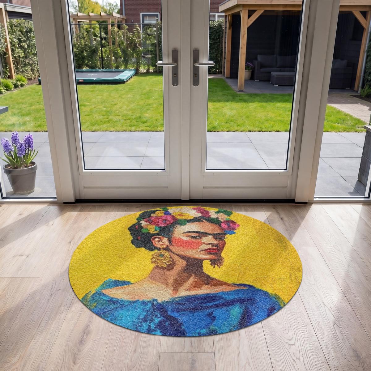 FUSSMATTE Frida Kahlo - Frau - Gelb - Blau - Blumen Schmutzfangmatte 120x120 cm - Gelb, Kunststoff (120/0.4cm) - MuchoWow
