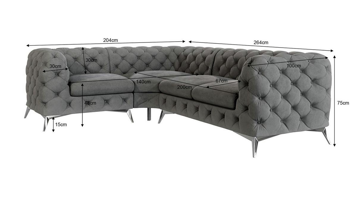 ECKSOFA Chesterfield Laura Grau Samt - Silberfarben/Grau, Holz/Textil (264/204cm) - S-Style Möbel